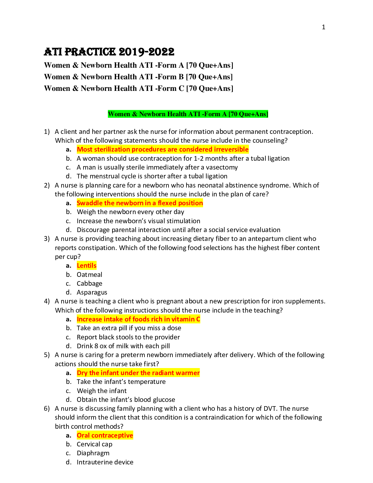 Preview of ATI Practice Women & Newborn Health ATI  Form A Form B  & Form C 2019 2022 converted